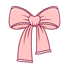 Hand drawn coquette pink bowknot with lace. Cute girly design for Valentines day, wedding, birthday, branding, bachelorette party. Vintage vector illustration on transparent background