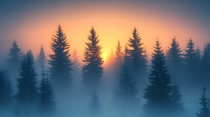 Vibrant Snowy Forest with Frosted Pines Glowing Under Pastel Sky Exuding Winter Serenity