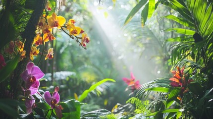 48.A remote rainforest clearing with vibrant orchids, colorful birds, and a soft beam of sunlight shining through the trees.