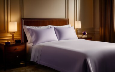 Elegant bedroom featuring a neatly made bed with soft linens, warm lighting, and stylish decor