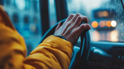 Obraz premium Hand gripping steering wheel inside car driving along roadway