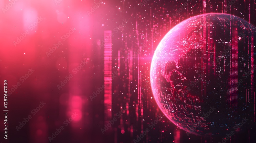Poster glowing pink planet in digital data streams