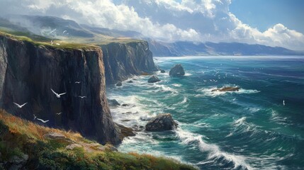 70.A rugged coastline with dramatic cliffs, crashing waves, and seabirds nesting on the rocky ledges.