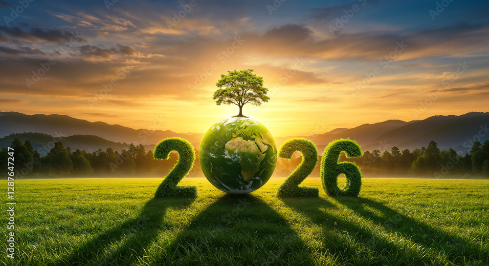 Poster 2026 number with globe and tree, concept of nature conservation and ecology support . generative ai
