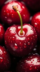 Close-up of fresh red cherries with water droplets, colorful and juicy. Summer freshness and fruit concept