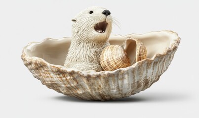Baby otter in giant shell with small shells, white background, wildlife image