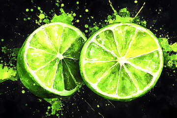 Two lime halves with vibrant green splashes, creating a fresh and lively visual.