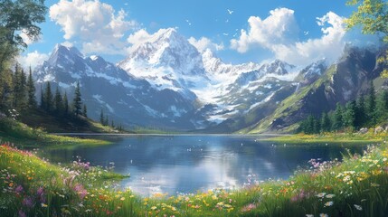 Fototapeta premium 3.A serene mountain landscape with snow-capped peaks, a crystal-clear lake reflecting the sky, and wildflowers dotting the grassy slopes.