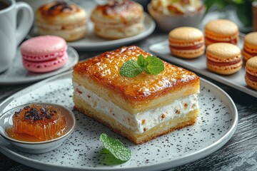 Exquisite dessert arrangement featuring honey cake, macarons, and gourmet delights
