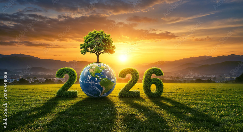 Poster 2026 number with globe and tree, concept of nature conservation and ecology support . generative ai