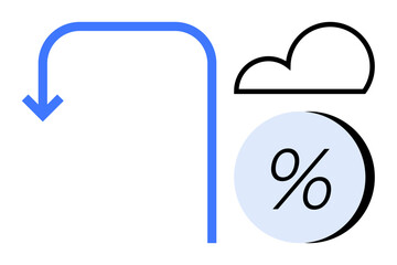 Blue arrow curving down, black outlined cloud, and light blue percentage icon. Ideal for technology, data analytics, cloud computing, finance, presentations, graphs, education. Line metaphor