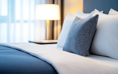 Cozy hotel room featuring a neatly made bed with decorative pillows and soft lighting ambiance