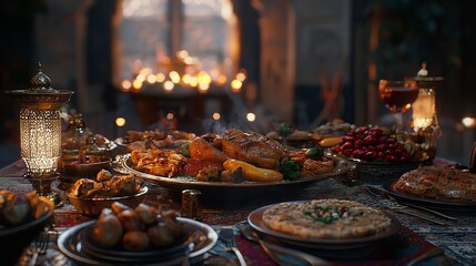 Fototapeta premium Lavish Iftar Feast Spread Across a Long Table, Illuminated by Ornate Hanging Lanterns and Candlelight, Creating a Warm and Festive Atmosphere for a Ramadan Gathering