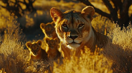 Lioness and cubs in African savanna at sunrise