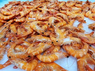 Boiled shrimps in tray at fish market