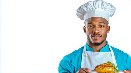Chef in blue uniform presenting a plated meal