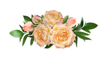 Yellow rose flowers and green ruscus leaves in a floral composition isolated on white or transparent background. Top view. Flat lay.