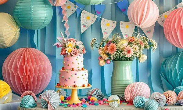 A colorful birthday celebration setup with a cake, flowers, and festive decorations.