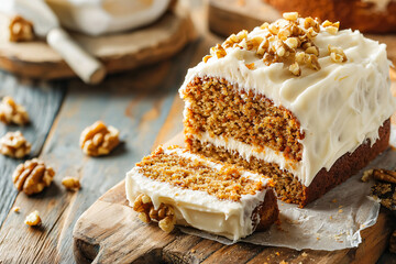 a delicious carrot cake loaf garnished with fresh icing and walnuts, placed on a rustic wooden board