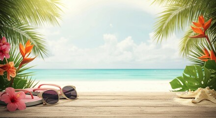 Obraz premium Sunset paints the sky over a tropical beach, with personal items on a wooden surface, inviting viewers to a serene vacation