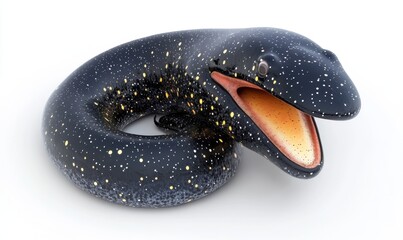 Black amphibian with yellow spots open mouth on white background