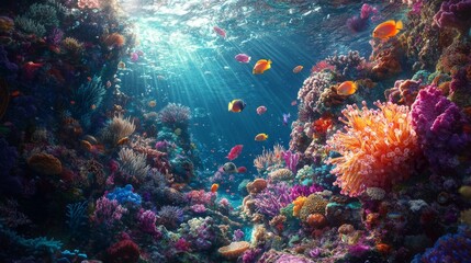 Fototapeta premium 2.A vibrant coral reef teeming with colorful fish, sea anemones, and coral formations, illuminated by rays of sunlight from above the ocean surface.