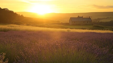 Fototapeta premium 40.A vibrant field of lavender under a golden sunset, with a quaint stone cottage in the distance.