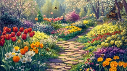 90.90. A vibrant spring garden with tulips and daffodils in full bloom, bees buzzing, and a small stone pathway winding through.
