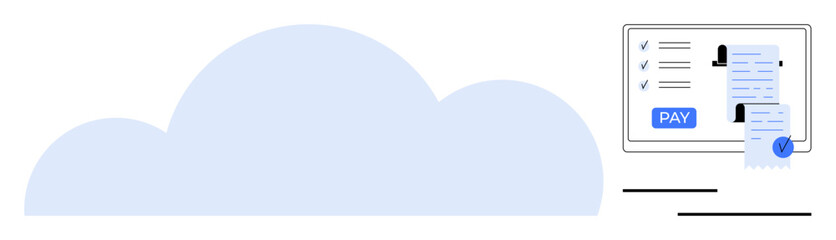 Cloud over digital screen displaying online payment transaction. Ideal for cloud computing, online payments, digital transactions, financial technology, e-commerce, business operations, data