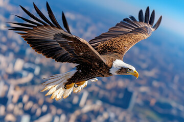 Obraz premium Majestic bald eagle soaring over cityscape