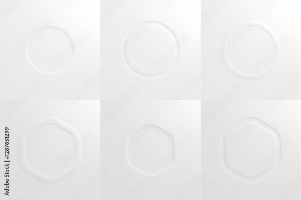 Poster geometric emboss frames set on white background. vector realistic illustration of round and hexagon 