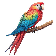 Fototapeta premium A vibrant parrot with colorful feathers perched on a branch, showcasing a blend of red, blue, green, and yellow hues. isolated on white background.