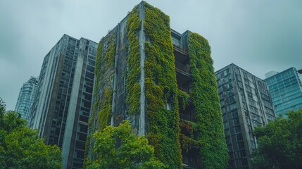 Obraz premium Post-apocalyptic cityscape with abandoned skyscrapers overgrown by ivy and moss, nature reclaiming the urban landscape