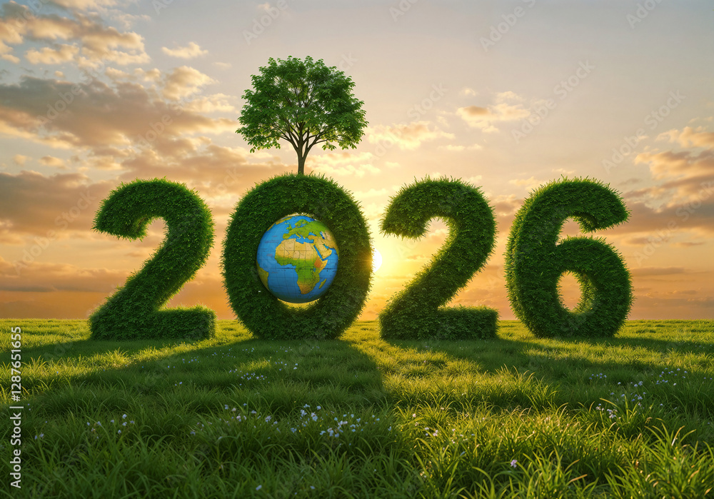 Poster 2026 number with globe and tree, concept of nature conservation and ecology support . generative ai