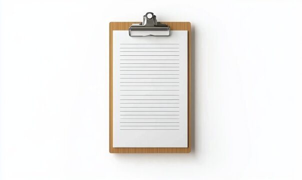 Blank clipboard with lined paper, isolated on white background, for notes or checklists