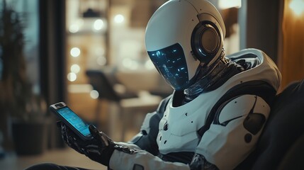 Fototapeta premium Futuristic Robot Reviewing Smartphone Screen in a Calm Evening Setting