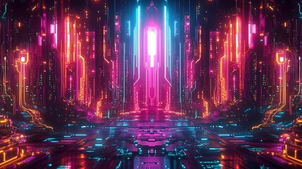 Fototapeta premium A futuristic circuit board glowing with radiant neon colors, abstract pathways and nodes representing economic data flow, vibrant gradients of teal and magenta,