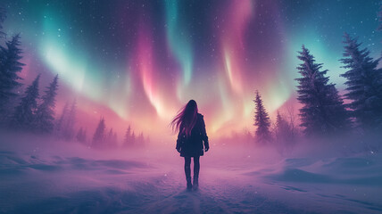 A lone woman silhouetted against a breathtaking aurora borealis, feeling the magic of a winter night under a sky painted with vibrant, ethereal colors.