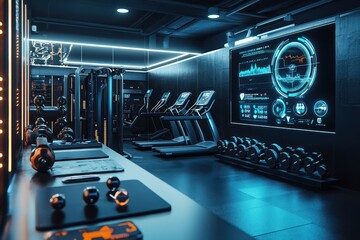 Wearable technology in fitness center holographically tracks performance metrics.