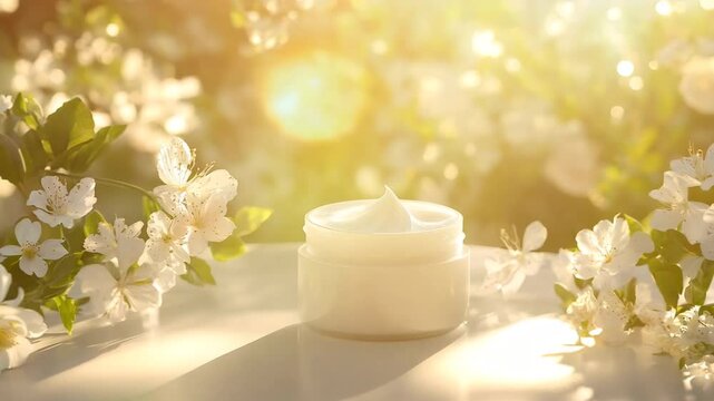 A beautifully lit jar of rich, white skincare cream surrounded by delicate white blossoms in a sunlit natural setting. The soft golden glow enhances the elegance and purity of the composition