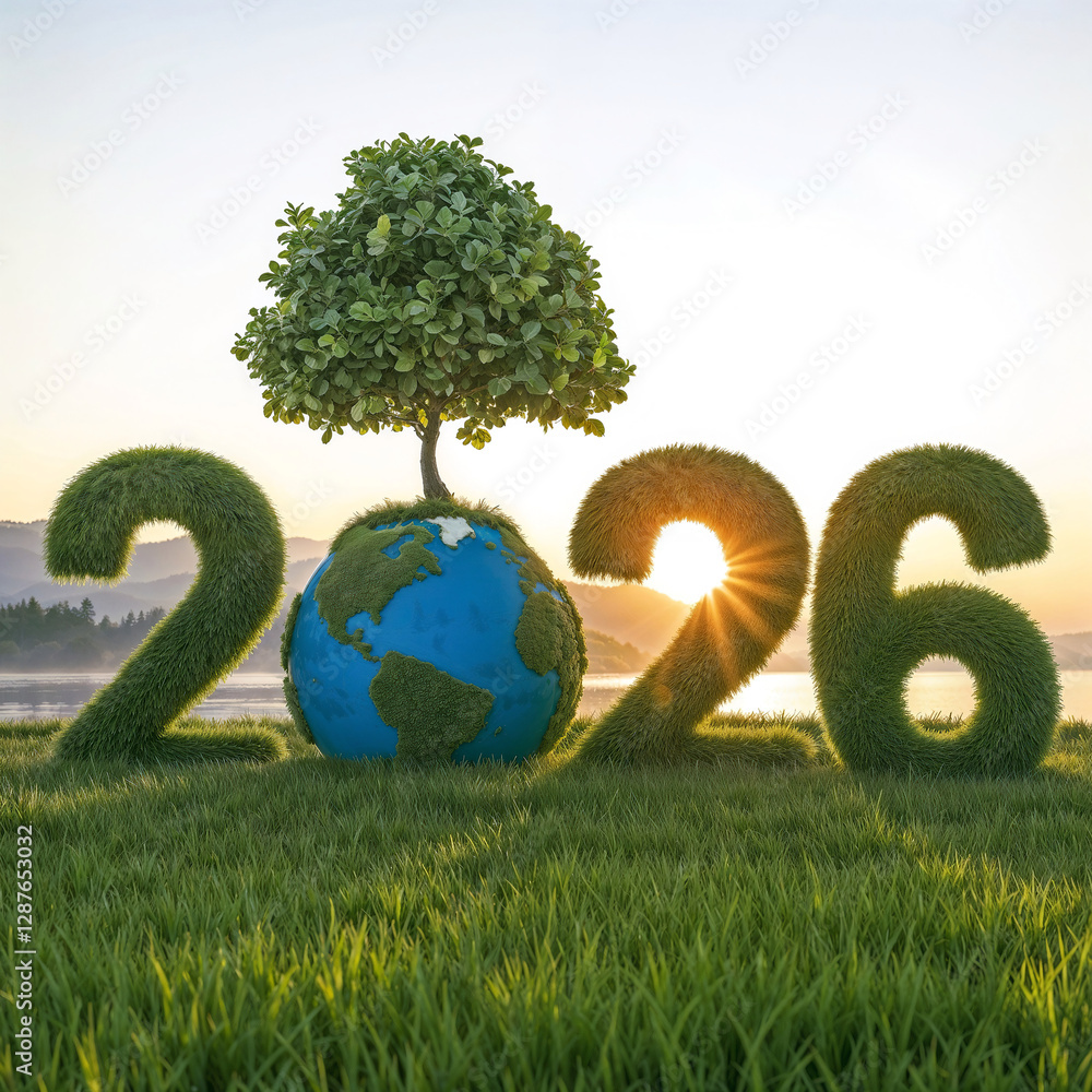 Aufkleber 2026 number with globe and tree, concept of nature conservation and ecology support . generative ai