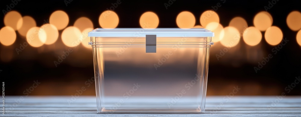 Poster vote final concept. a transparent box with a metallic latch sits against a blurred backdrop of warm 