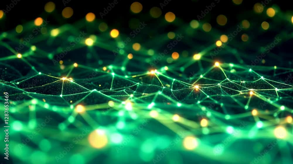 Fototapete Dynamic neural network visualization with glowing lines and particles in futuristic abstract grid