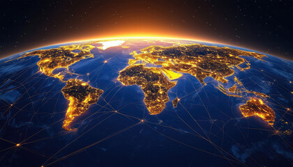 Global Digital Network, Illuminated World Map with Connected Cities.