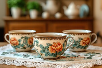 Vintage floral teacups on lace tablecloth in cozy kitchen setting