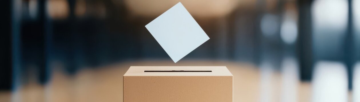 vote final concept. A ballot box with a white cube hovering above it, symbolizing voting and decision-making processes.