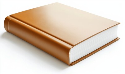 Brown leather bound book on white, for education, literature, or knowledge concepts