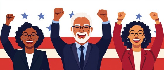 vote final concept. Three diverse individuals celebrating with raised fists in front of a patriotic backdrop featuring stars and stripes.