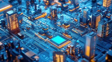 Futuristic Cityscape with Glowing Skyscrapers and Circuit Patterns