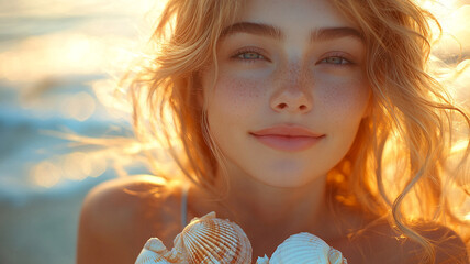 Golden hour beauty, a freckled young woman with windblown blonde hair holds seashells near the ocean, bathed in warm sunlight.